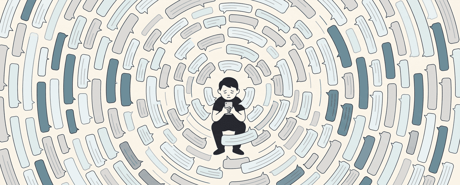 A person sitting alone with a phone, surrounded by hundreds of concentric speech bubbles
